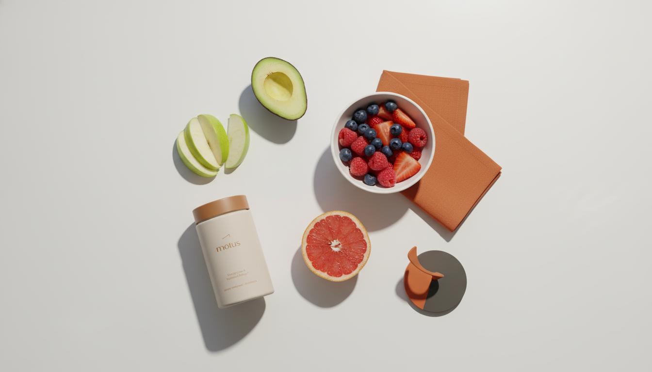 Flat-lay minimalist still life of whole fruits and a Tonum Motus container on a Tonum beige background, depicting measured portions and low-sugar choices — can you eat fruit on a no sugar diet