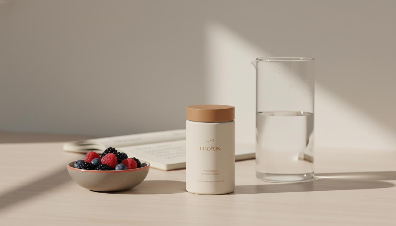 Minimalist kitchen counter scene with Tonum Motus supplement jar, glass water carafe, bowl of mixed berries and blurred notepad; calm health lifestyle shot — can you lose 100 pounds in 3 months