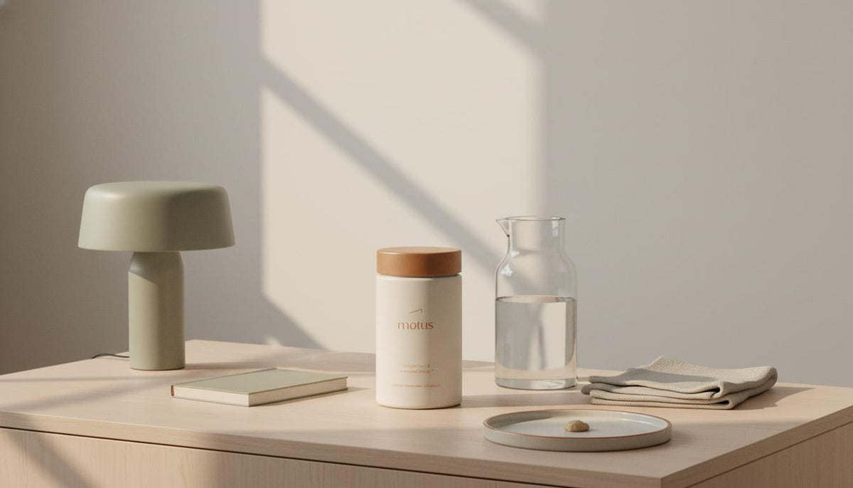 Minimalist bedside still-life with Tonum Motus container beside a glass carafe, folded napkin, notebook, unlit lamp and small plate in soft morning light — can you lose belly fat overnight