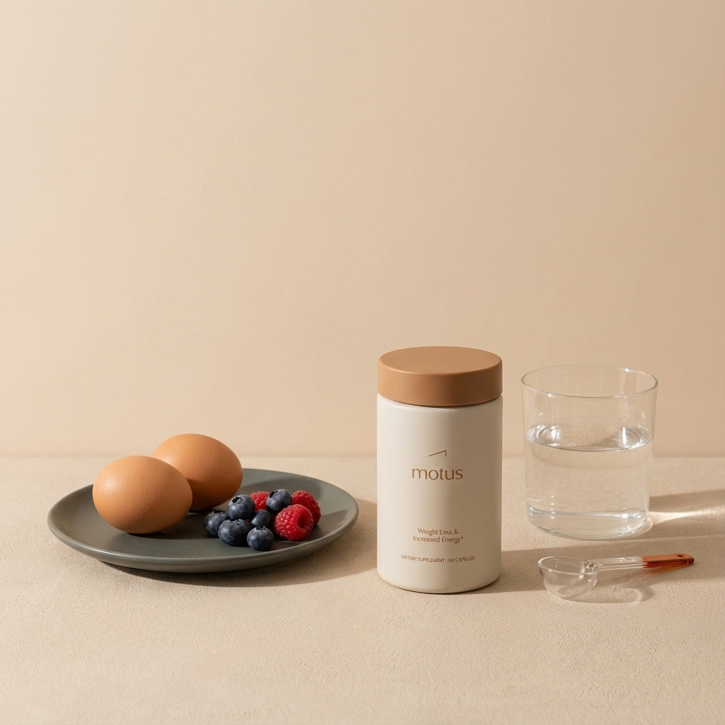 Minimalist still life of a Tonum Motus container beside eggs, berries and a glass of water on a beige background, illustrating can you restart your metabolism