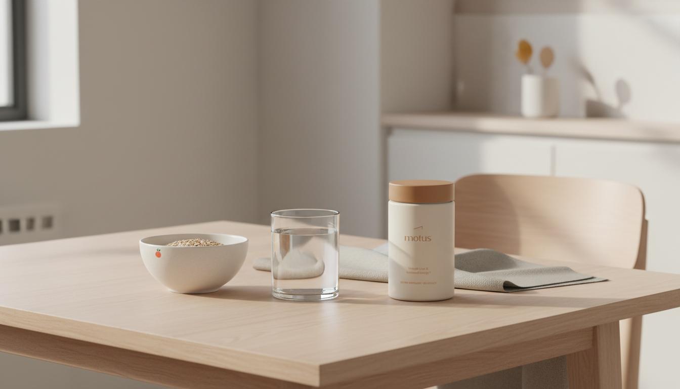 Minimalist kitchen scene with Tonum supplement jar beside a bowl of whole grains and a glass of water, conveying carb blockers and measured nutritional wellness.