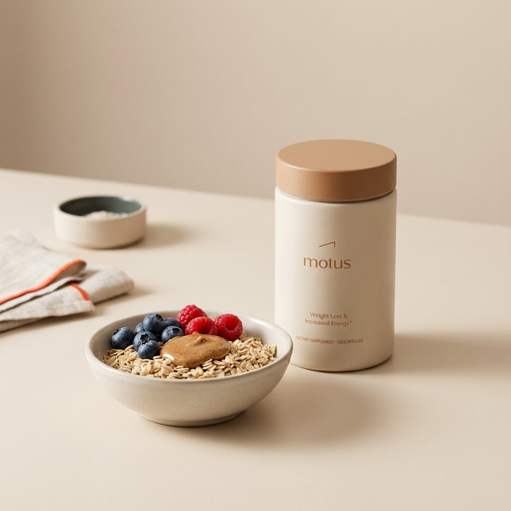 Tonum Motus container beside a bowl of whole-grain oats with berries and nut butter on a neutral counter, minimalist breakfast scene addressing carb cravings