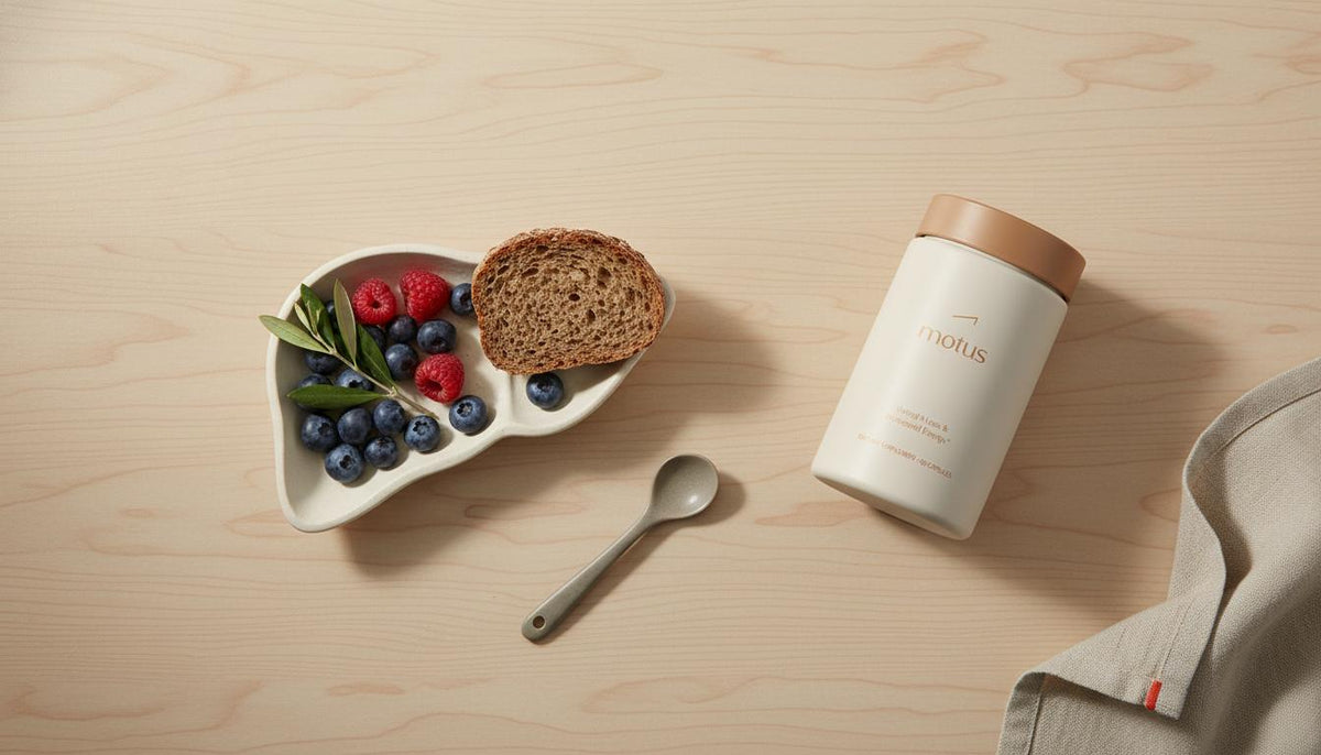 Minimalist still-life of a liver-shaped ceramic bowl with berries, an olive sprig and whole-grain slice on a wooden counter next to a Tonum Motus container against a #F2E5D5 background, illustrating cause of fatty liver.