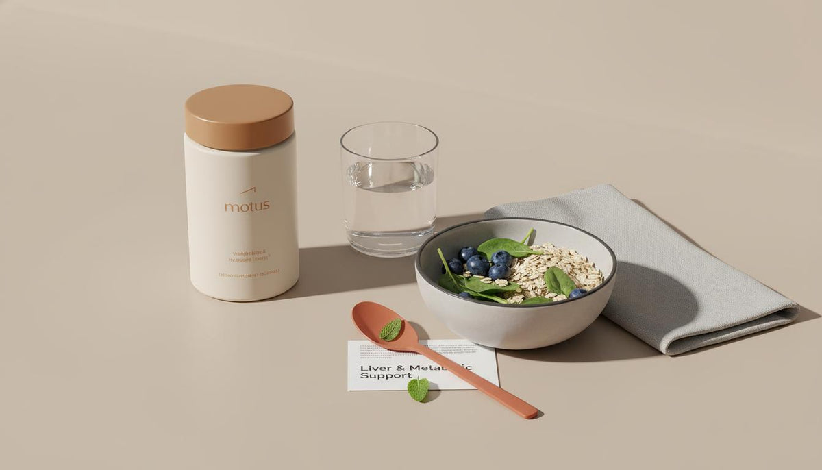 Minimalist kitchen countertop with Tonum Motus supplement next to a glass of water and a bowl of berries, oats and greens, illustrating daily choices to prevent causes of liver damage.
