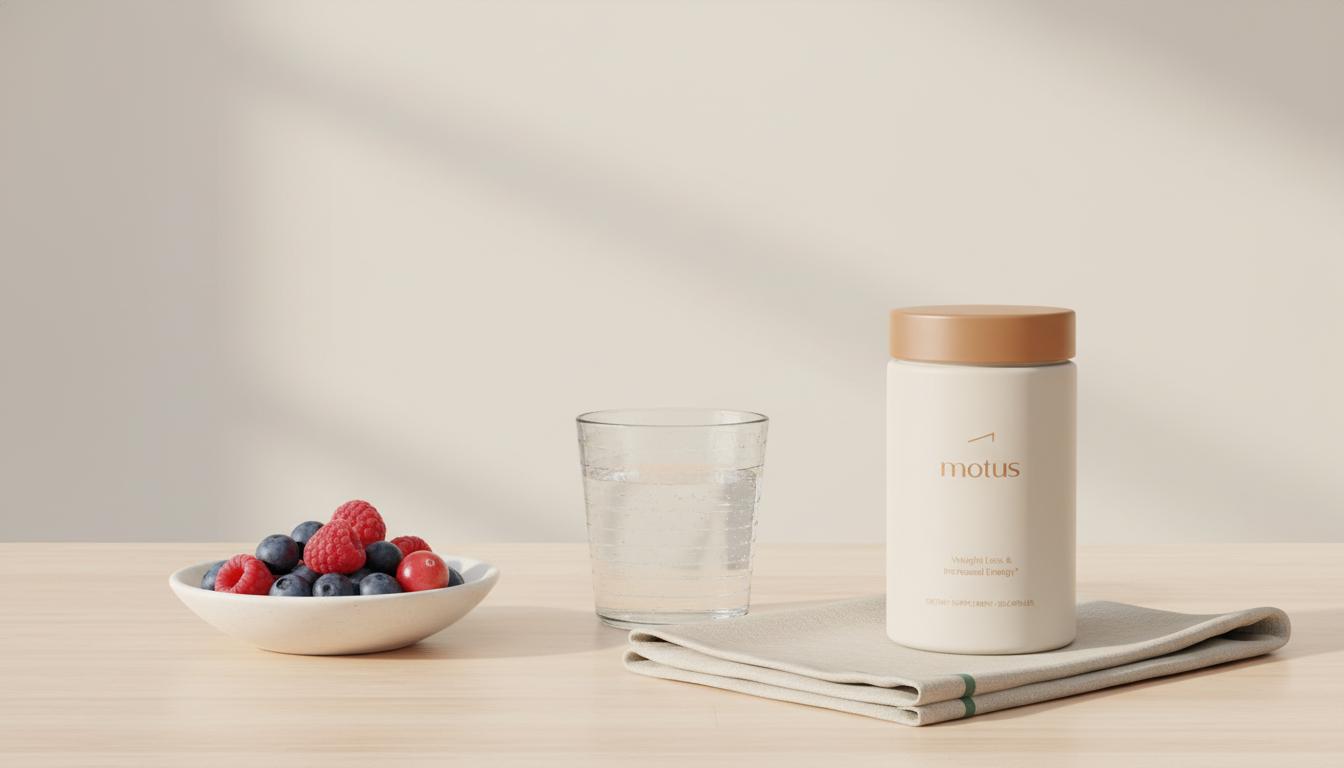 Minimal kitchen counter with bowl of berries, Motus supplement jar, folded napkin and glass of water illustrating causes of sugar cravings and metabolic balance.