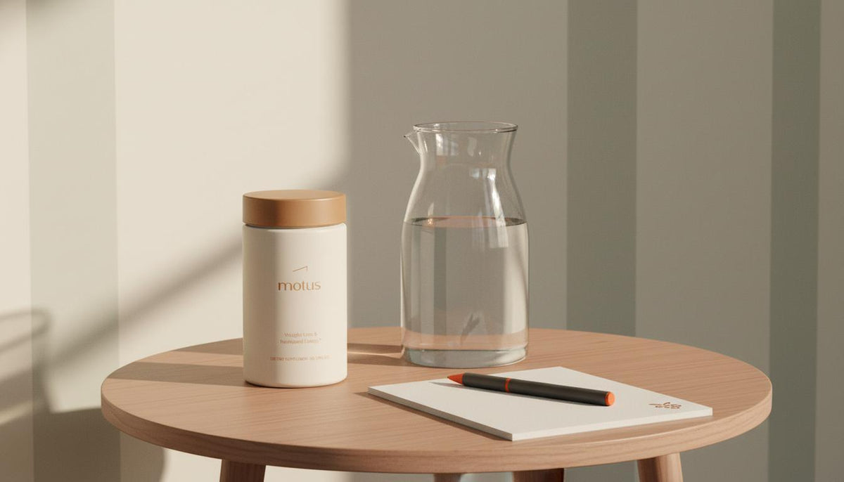 Minimalist morning still life of a Motus supplement jar on a wooden bedside table with a glass carafe and notepad, calm wellness routine — phentermine is working