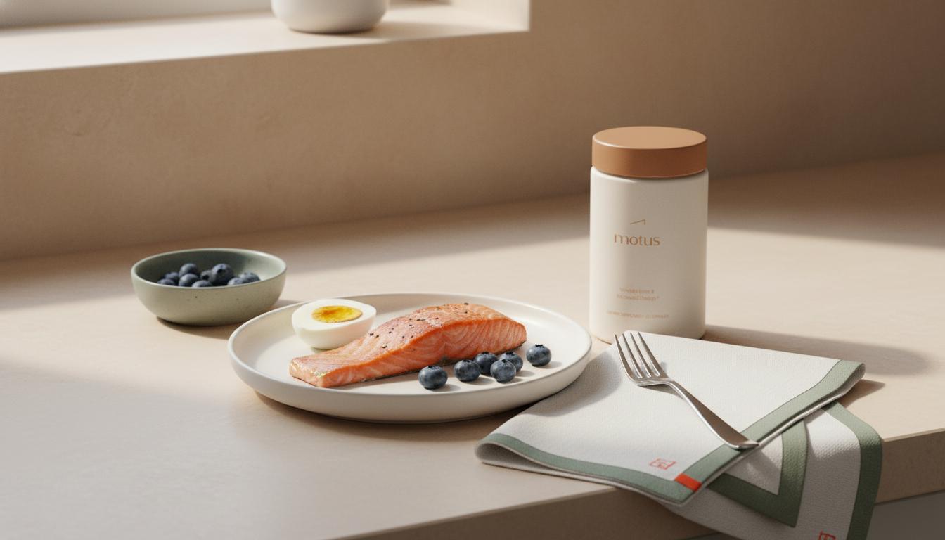 Minimalist kitchen still life with salmon, halved boiled egg, blueberries and a Tonum supplement jar on a warm beige background, illustrating best supplements for brain development.