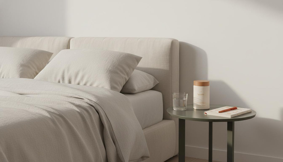Minimalist morning bedroom scene with Tonum 'Nouro' supplement jar beside glass of water and notebook in soft natural light, conveying calm cognitive care for deep ADHD shutdown.