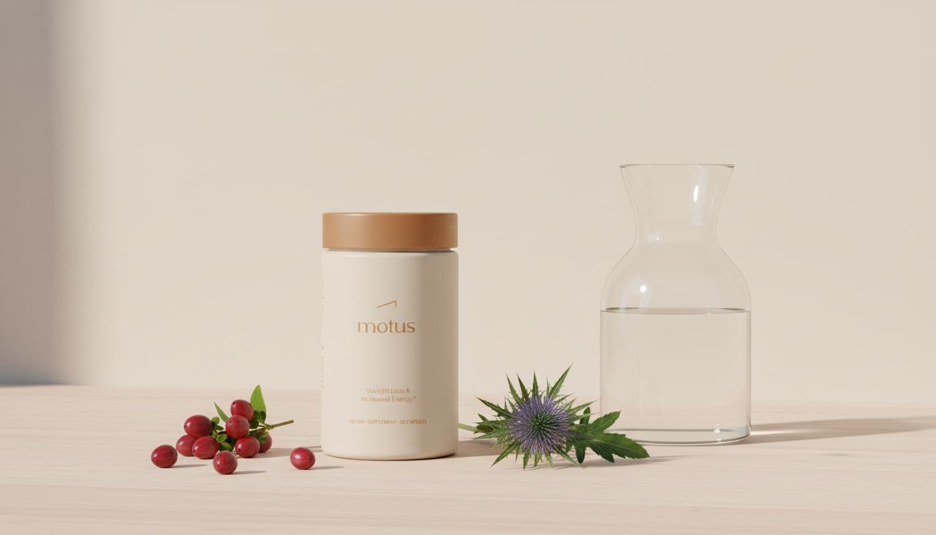 Minimalist still-life of Tonum Motus supplement jar with berries, milk thistle and glass carafe on pale wood background #F2E5D5, calm scientific wellness scene — do fat burners work