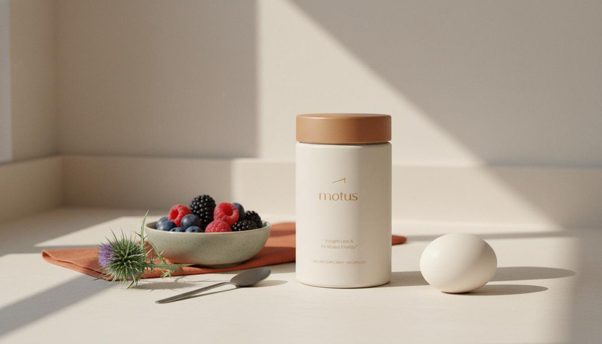 Minimalist sunlit kitchen scene with Tonum supplement jar beside berries, milk thistle sprig and egg on a neutral #F2E5D5 background — illustrating 5 C's of sustainability.