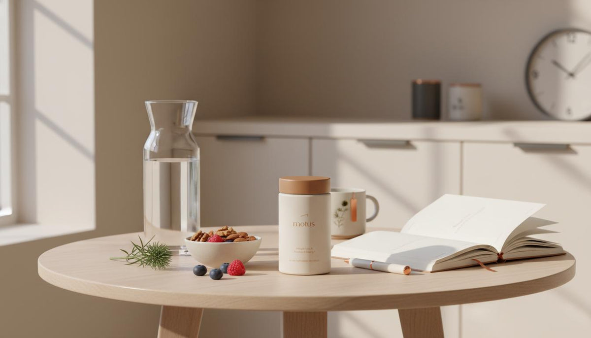 Minimalist kitchen scene with Tonum Motus jar beside a water carafe, bowl of fruit and open journal, representing the 4 pillars of health in a calm morning routine.