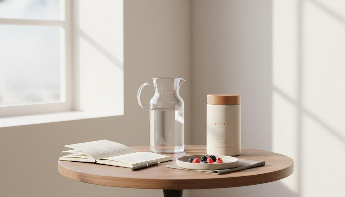 Minimalist morning scene with Tonum Motus supplement jar on a wooden table next to a glass carafe, plate of berries and open notebook, natural light to boost metabolism naturally