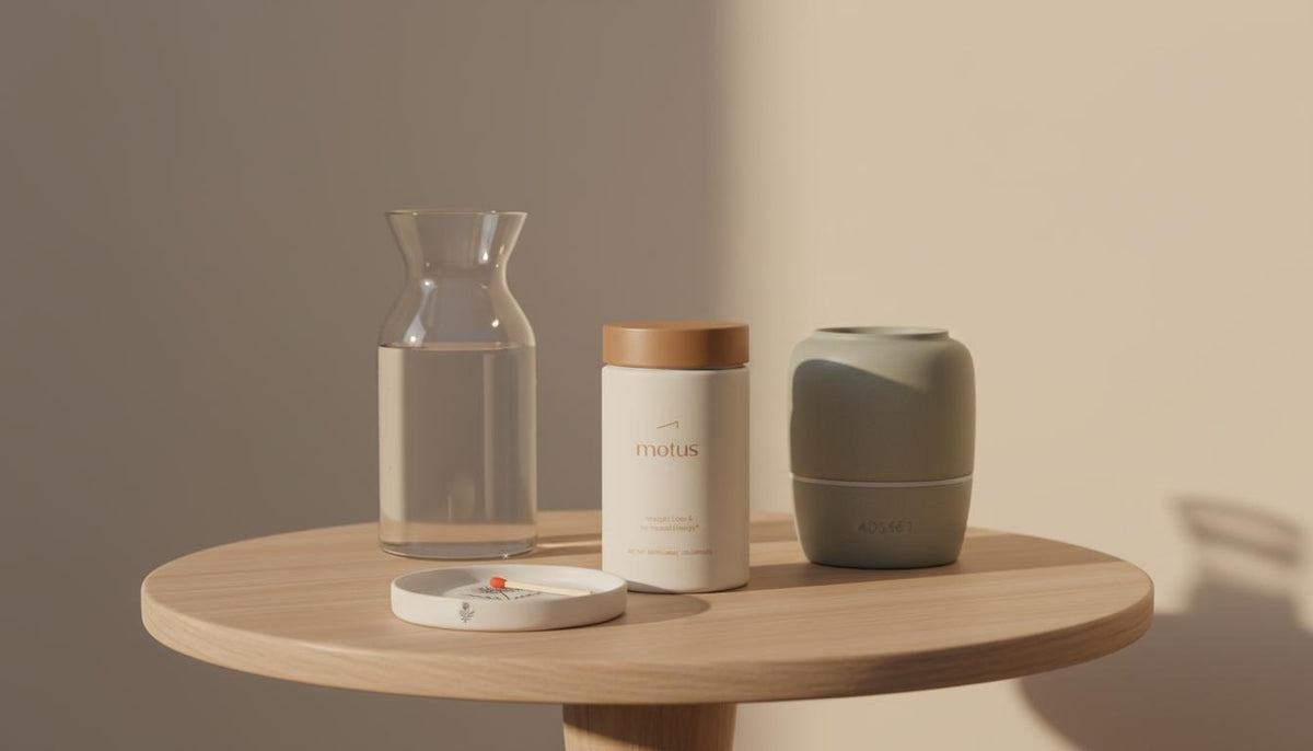 Minimalist bedside scene with Tonum supplement container, glass carafe, ceramic diffuser, and subtle milk thistle icon on a beige #F2E5D5 background — Ozempic vs Wegovy safety
