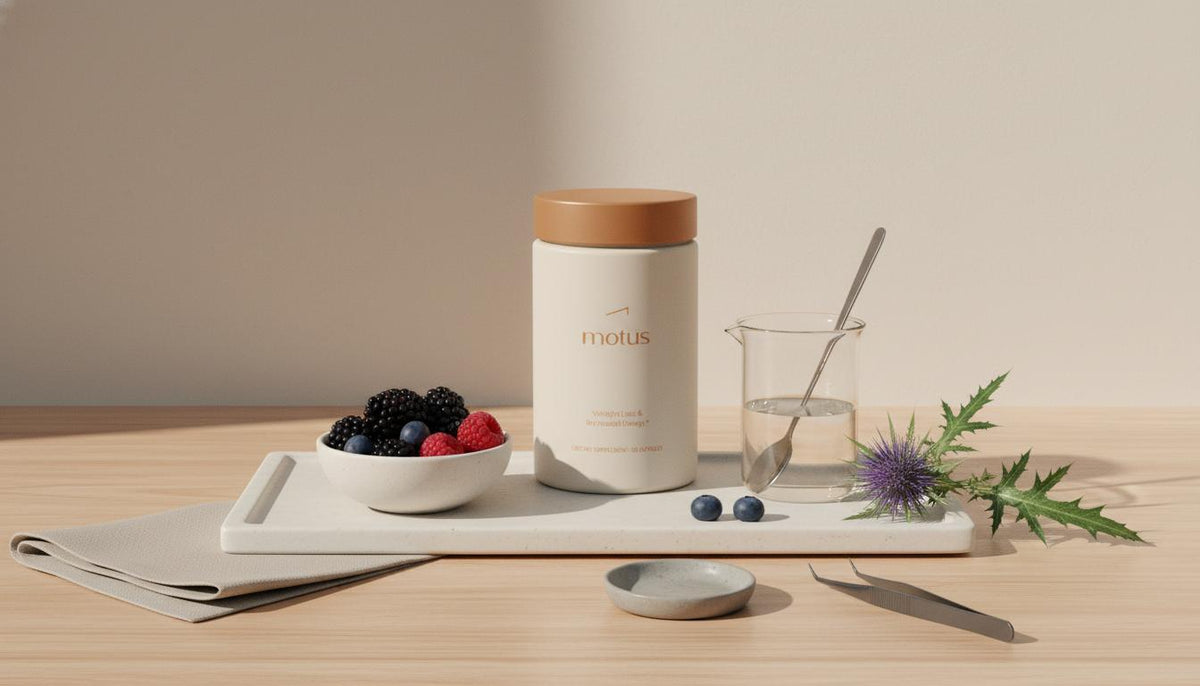 Minimal still life of a Tonum supplement jar on a ceramic tray with fresh berries, a glass beaker with measured spoon and a milk thistle sprig on a beige background, illustrating chromium for sugar cravings