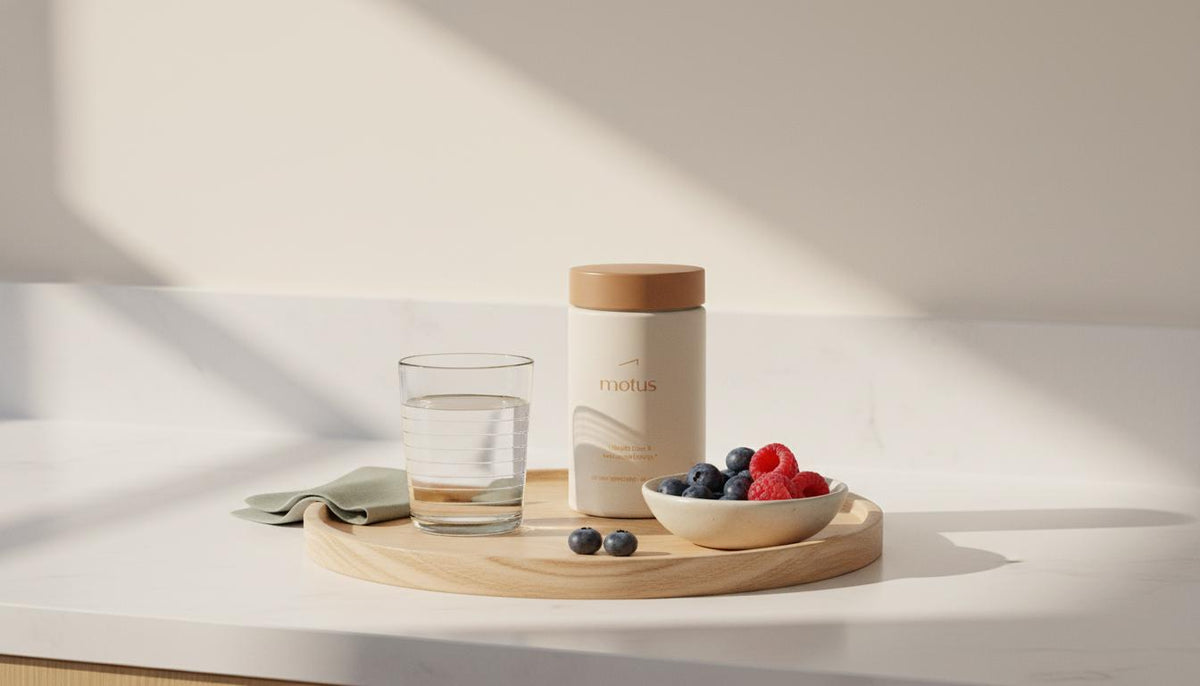 Minimalist kitchen scene with Tonum Motus supplement jar, glass of water and bowl of berries on a wooden tray against a soft #F2E5D5 background — chromium picolinate lifestyle image.