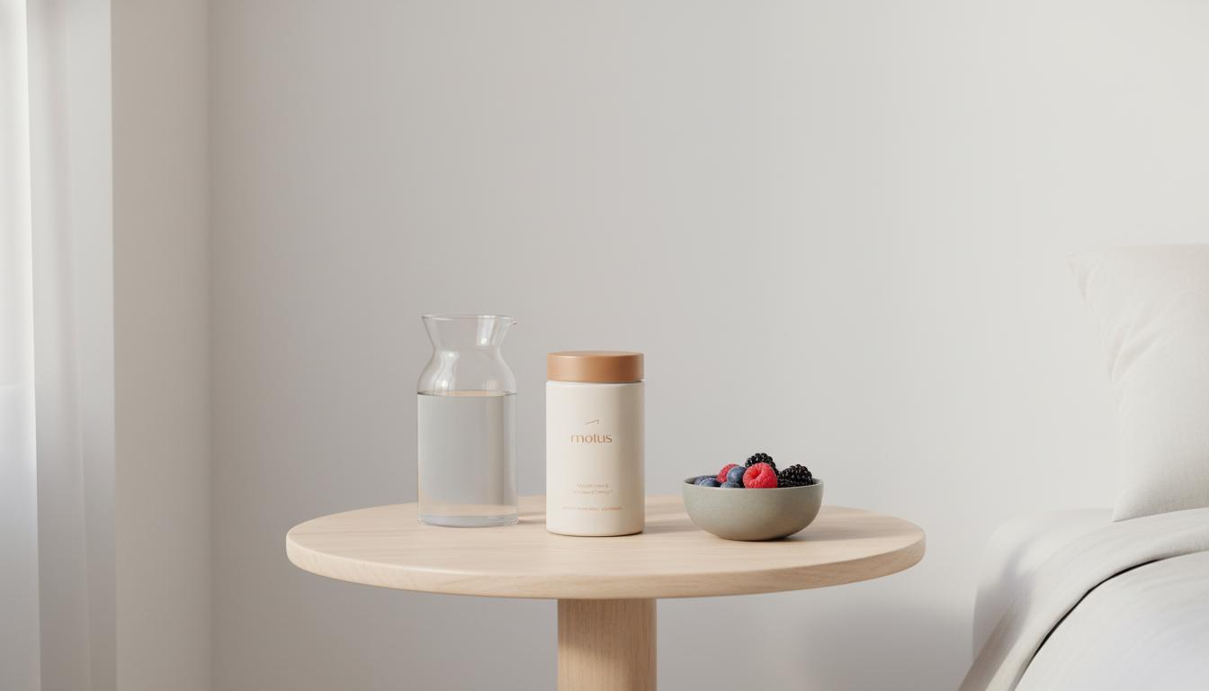 Minimalist morning scene with Tonum supplement jar 'Motus' beside a glass carafe and bowl of berries, highlighting chromium picolinate in a calm lifestyle setting.