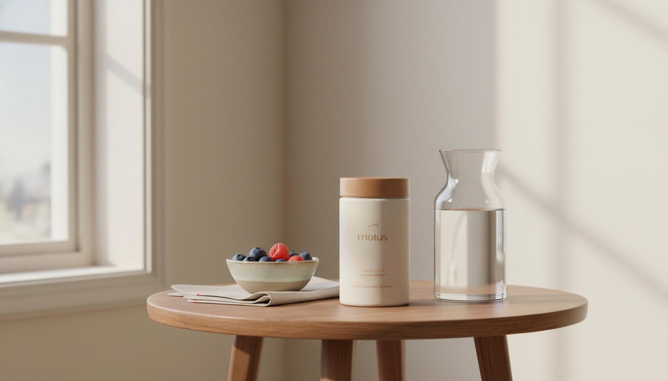 Minimalist morning scene with Tonum Motus supplement jar on a round wooden table beside a glass carafe, bowl of berries and linen napkin, showcasing chromium picolinate