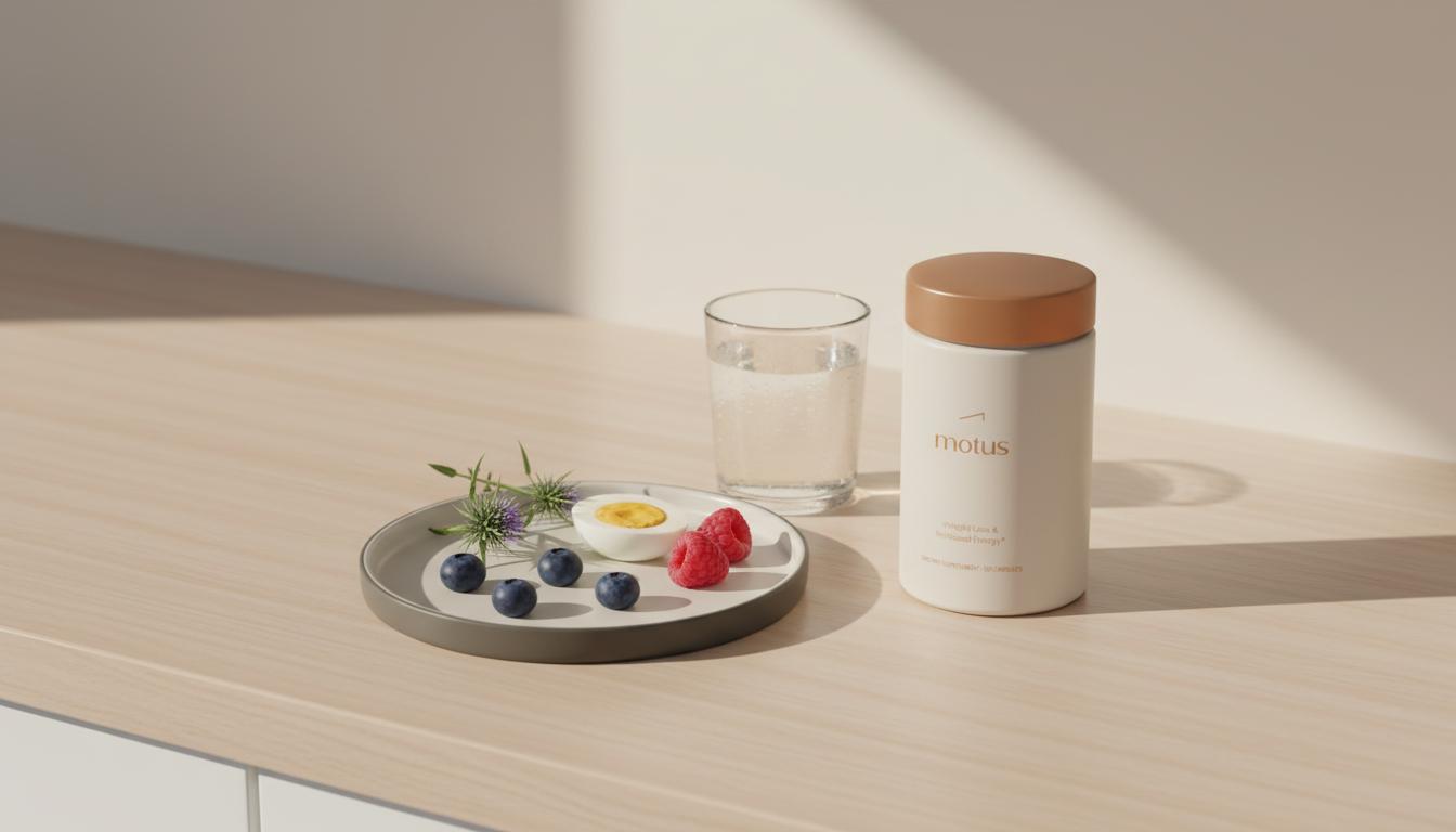Minimalist countertop scene with Tonum supplement jar beside a glass of water and a plate with berries, an egg and a milk thistle sprig — chromium picolinate side effects