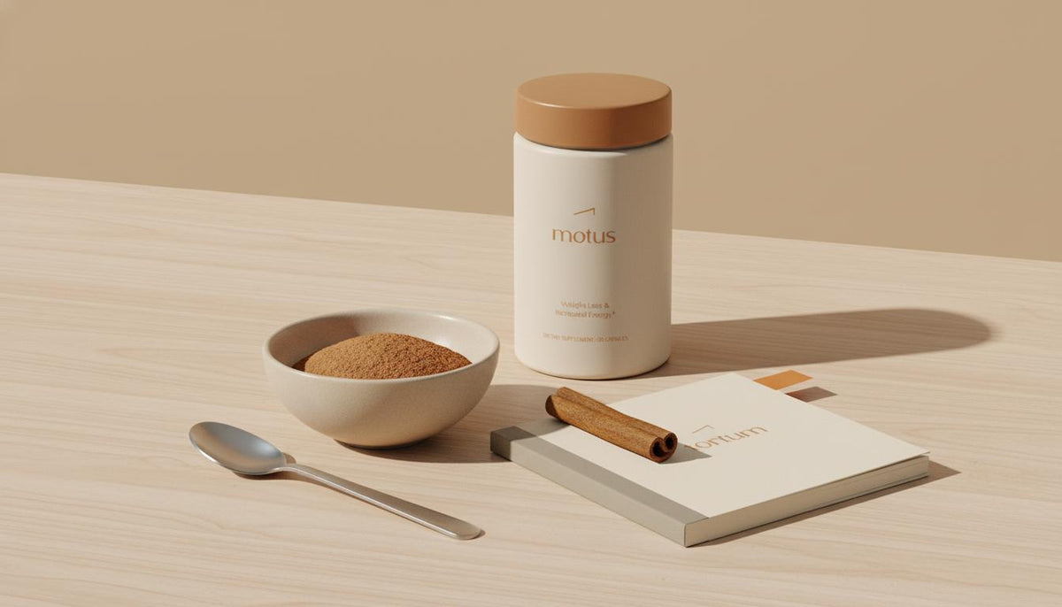 Minimalist still life with a bowl of ground cinnamon, Tonum research booklet and Tonum supplement container, evoking cinnamon blood sugar research and clinical lifestyle.