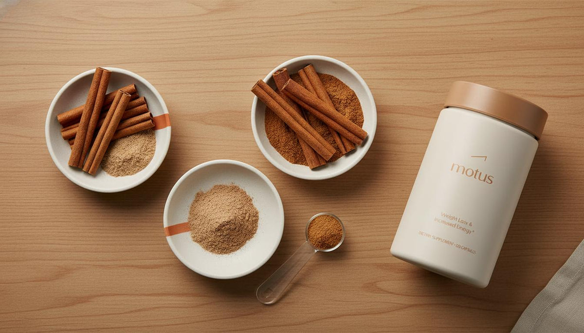 Minimal overhead still life of Ceylon and Cassia cinnamon dishes, glass measuring spoon with ground cinnamon and Tonum supplement container on soft #F2E5D5 background — cinnamon blood sugar