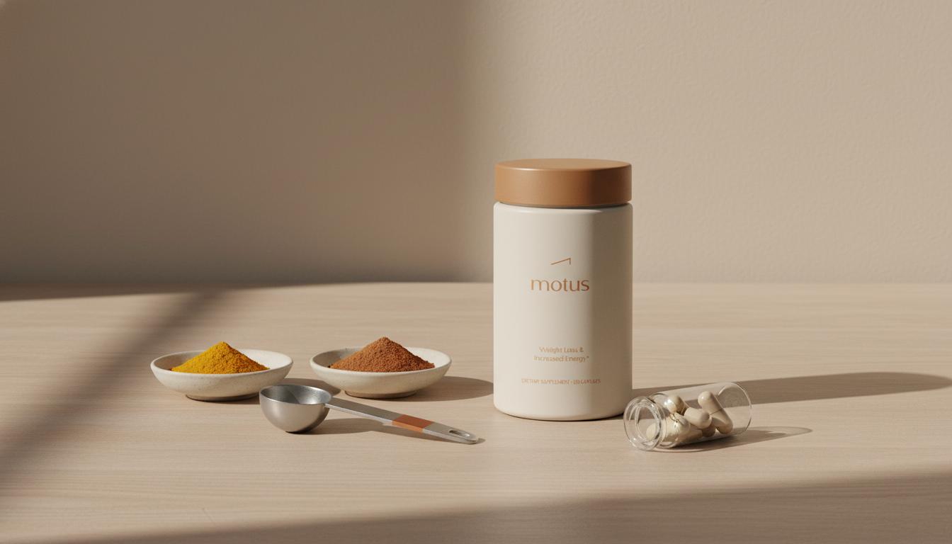 Minimal still-life of ground turmeric and Ceylon cinnamon bowls, a small vial of capsules and Tonum Motus container suggesting measured comparison — cinnamon vs turmeric for diabetes