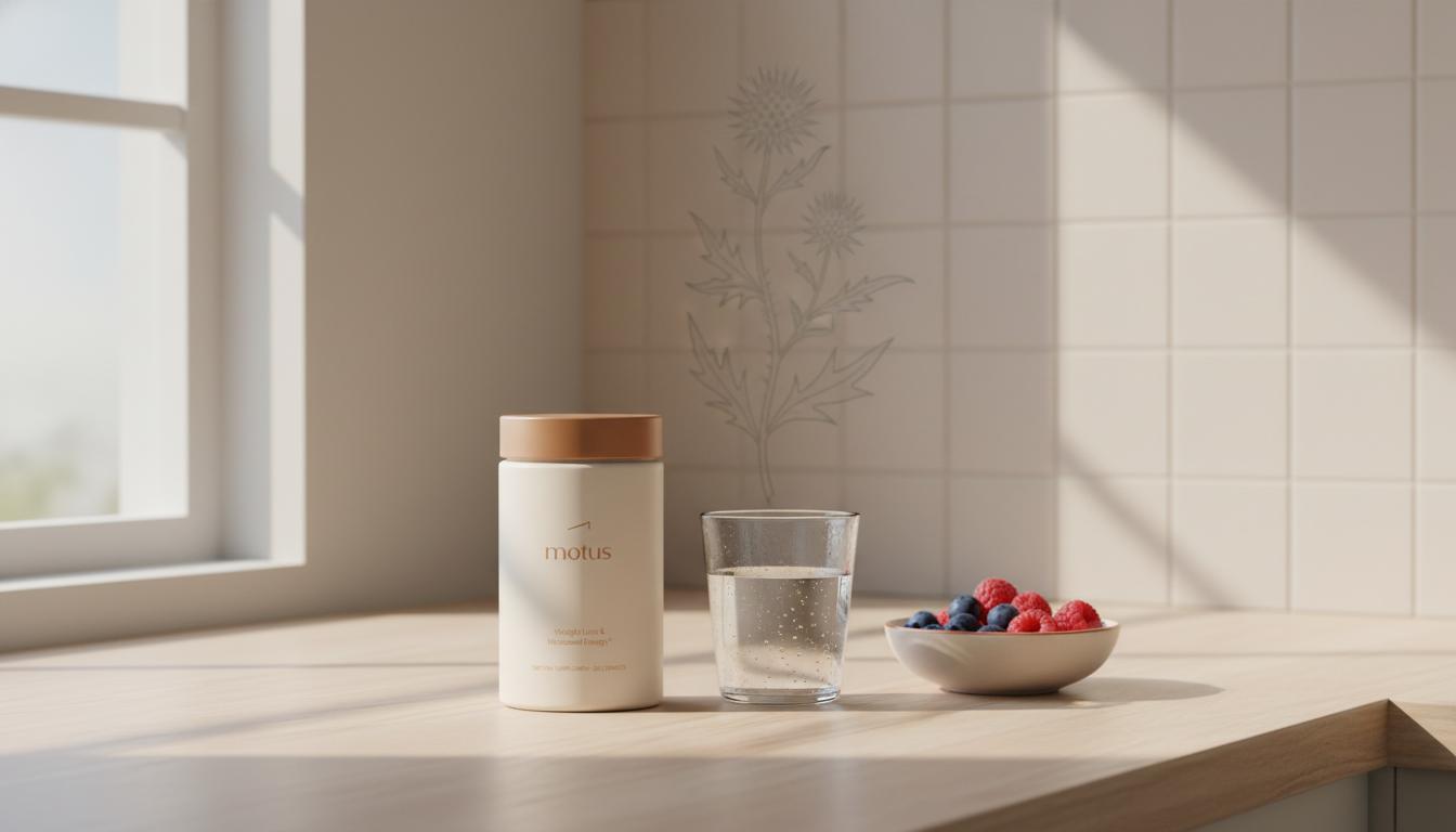 Minimalist kitchen counter with Motus supplement jar, glass of water and bowl of berries, hinting at cla supplement side effects in a calm clinical wellness scene.