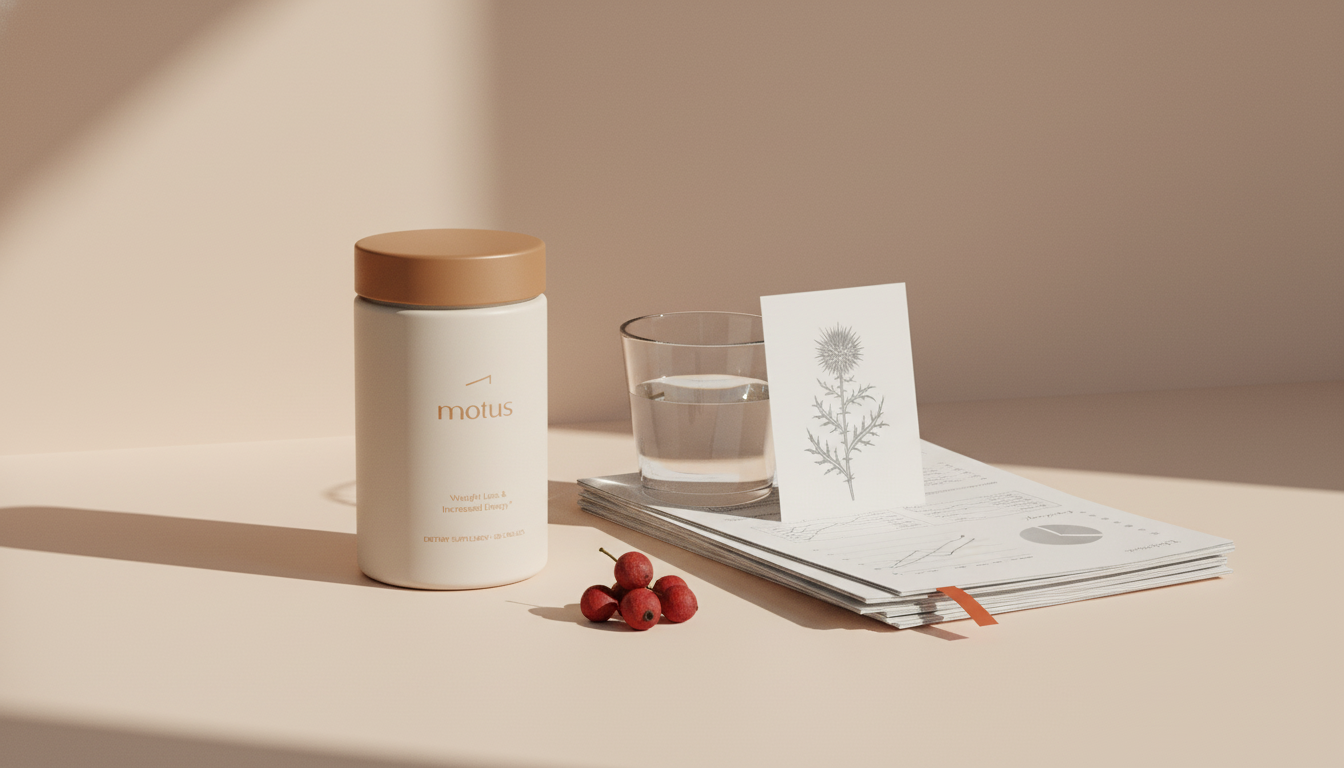 Minimal still-life of Tonum supplement jar beside scientific papers, glass of water and milk thistle icon on a beige background in a calm scientific style — CLA weight gain