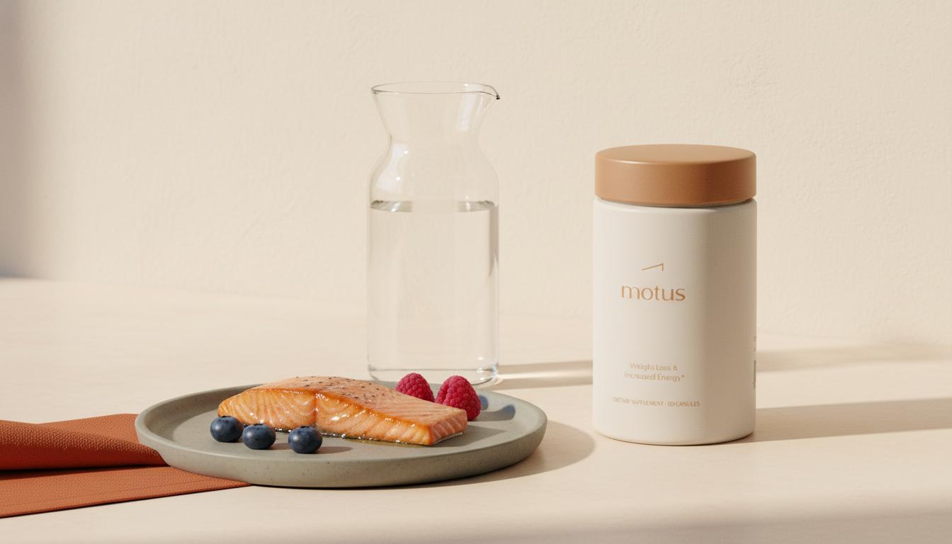 Minimal lifestyle image of a carafe, plate with omega-3 fish and berries, and a Tonum supplement jar to clear brain fog naturally