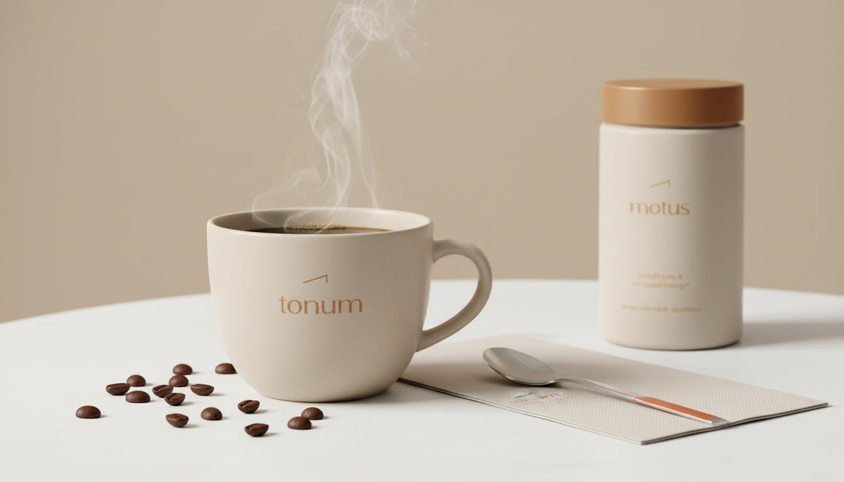 Minimalist Tonum still life with steaming ceramic coffee cup, scattered whole beans and a Motus supplement container on beige #F2E5D5 background — coffee and GLP-1