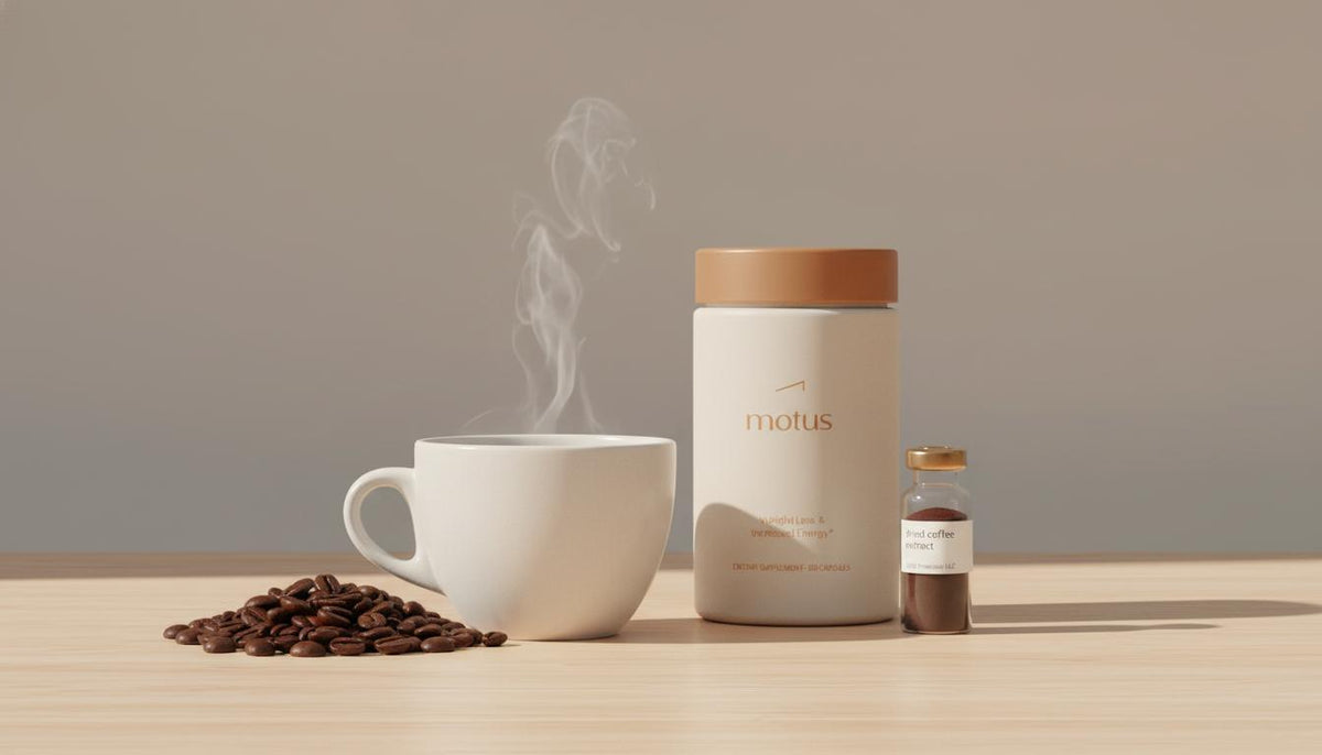 Minimalist still life with steaming coffee cup, coffee beans, Tonum supplement container and a labeled vial of dried coffee extract suggesting coffee and liver health research.