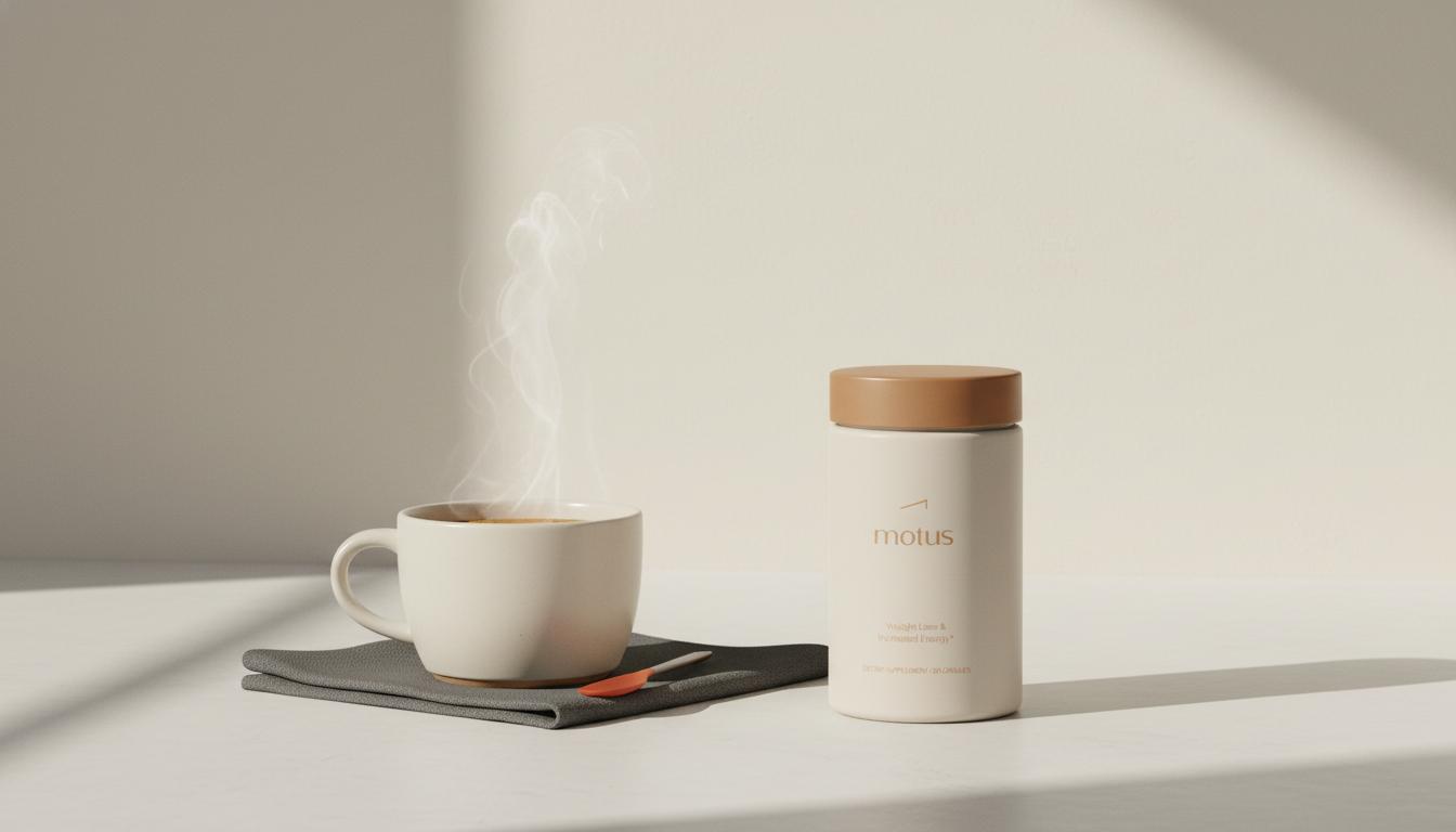 Steaming cup on a minimalist kitchen counter with Tonum Motus supplement jar, soft side light and Tonum colors, illustrating coffee and mitochondrial function