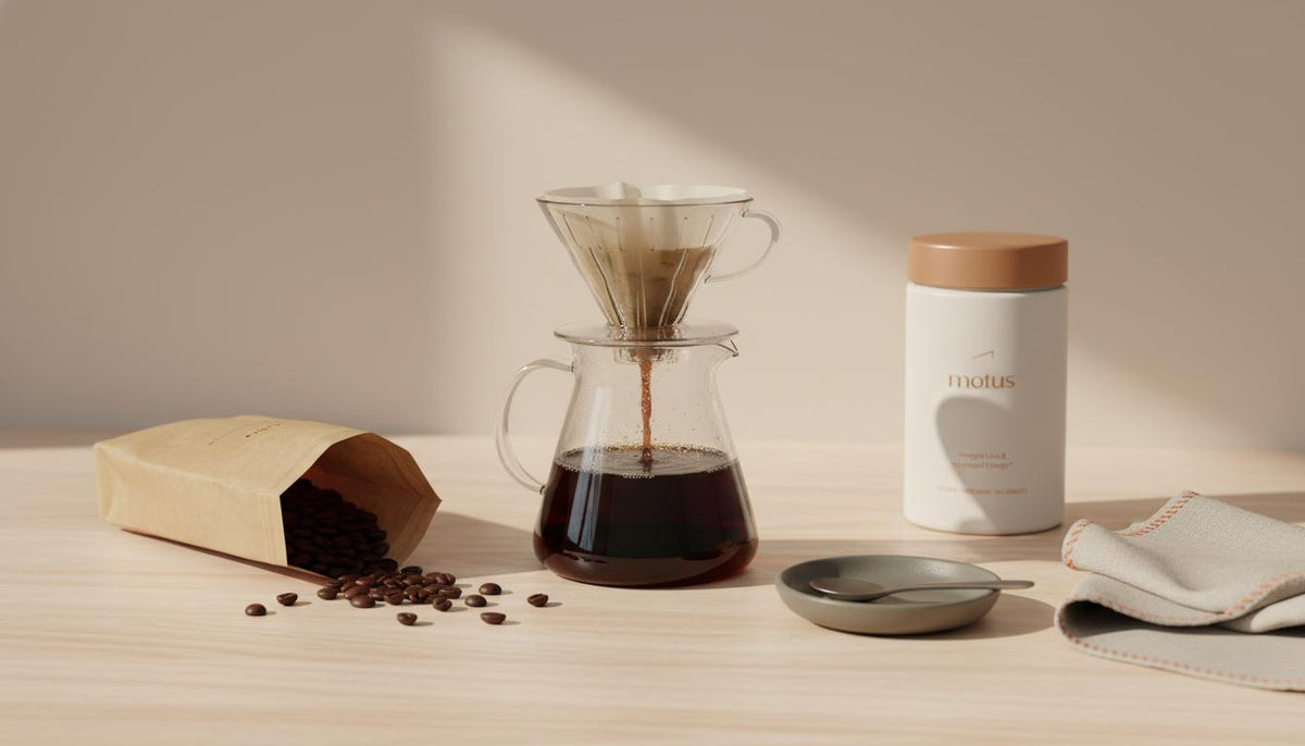 Minimalist still-life of pour-over coffee, open beans and Tonum Motus supplement on beige background, evoking a calm morning ritual supporting coffee for fatty liver.