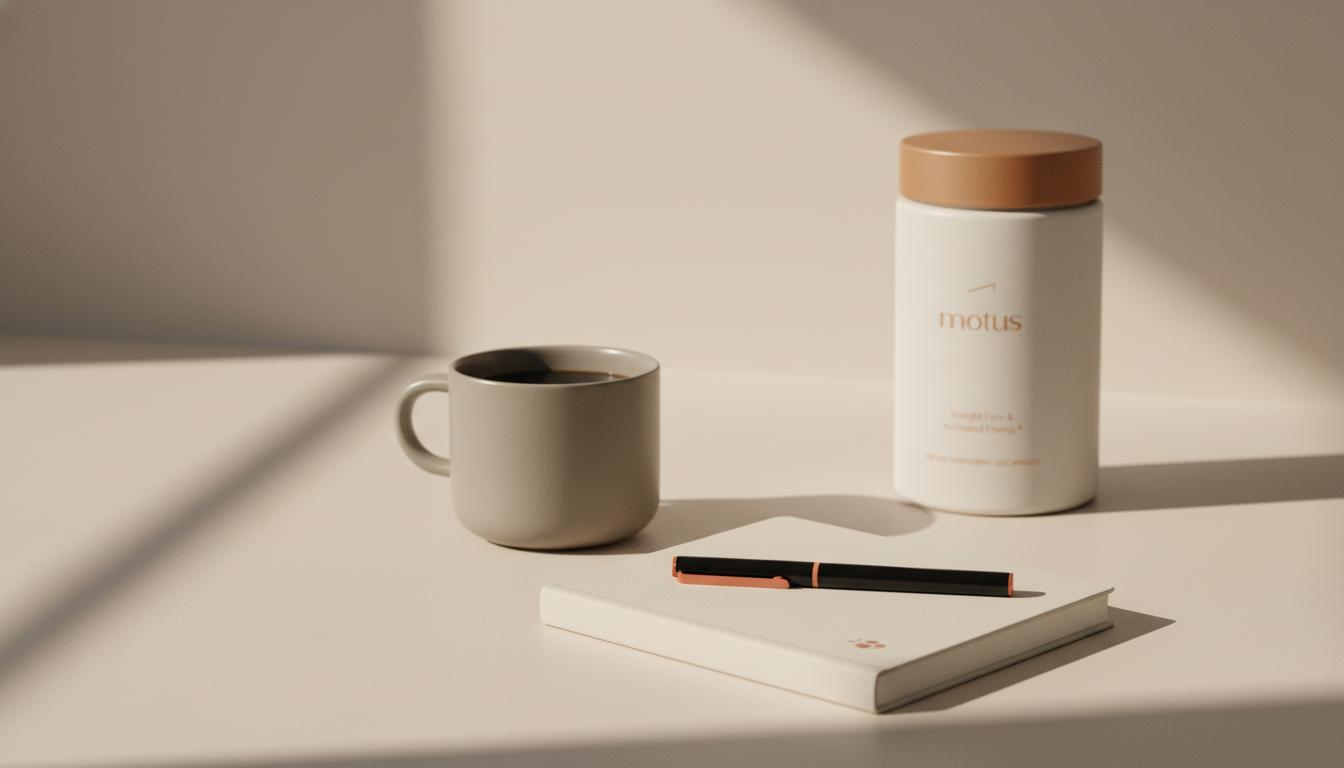Minimalist kitchen counter with black coffee, Tonum Motus container, journal and pen in Tonum brand colors, illustrating a coffee loophole for weight loss