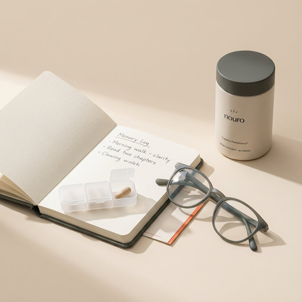 Minimalist still life of a memory log, open pill organizer, reading glasses and Tonum supplement container suggesting a daily routine to prevent cognitive decline.