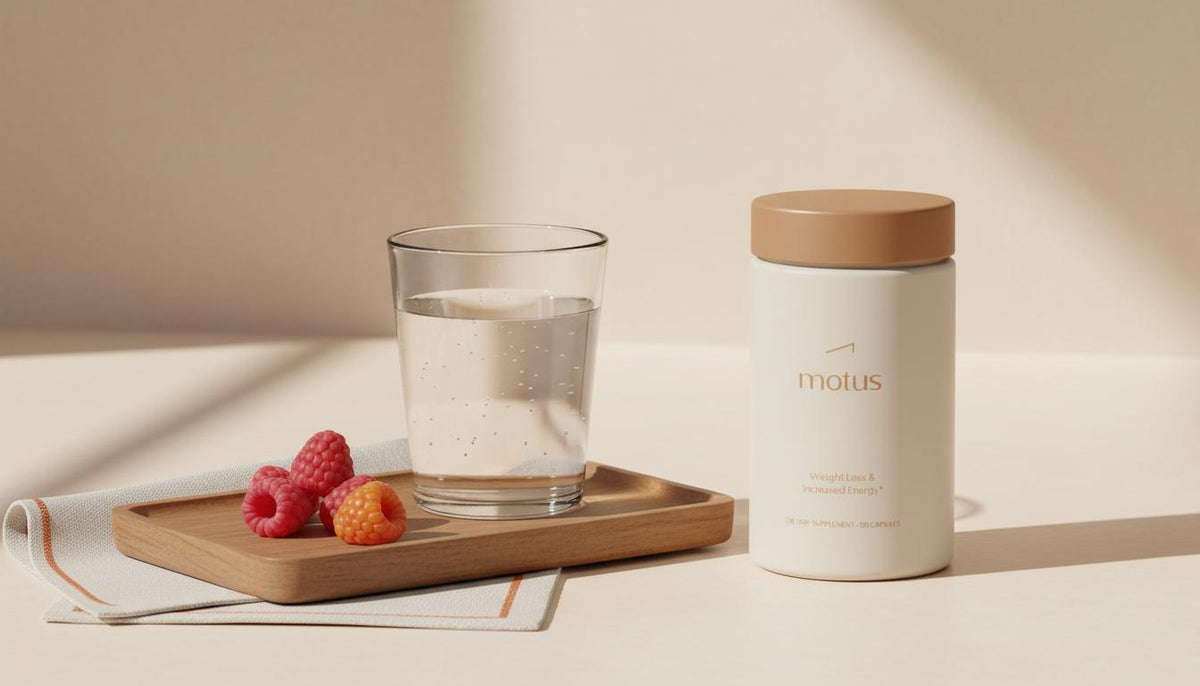 Minimalist kitchen counter with Tonum Motus supplement jar, glass of water and berries in Tonum palette — a calm wellness scene related to collagen burn side effects.