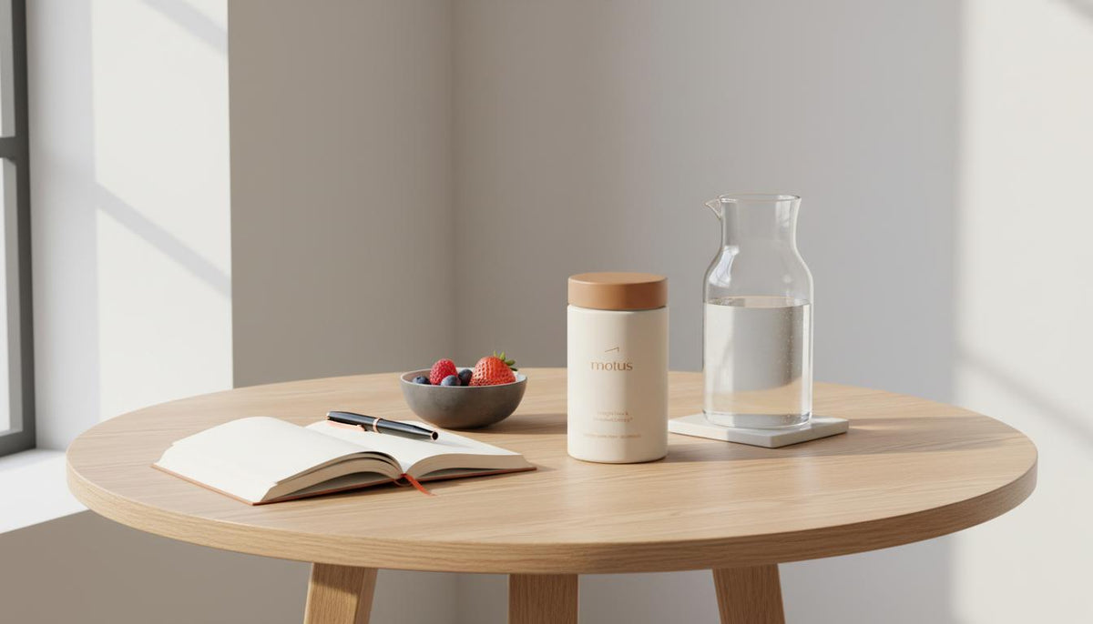 Minimalist breakfast nook with Tonum supplement jar 'Motus' on a round wooden table beside a bowl of berries, glass carafe and open journal — collagen burner lifestyle image