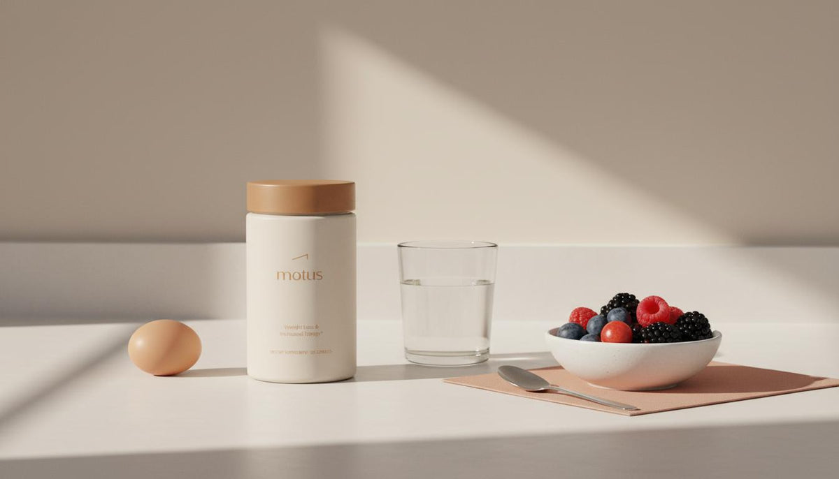 Minimalist kitchen counter with Tonum Motus supplement jar, glass of water, egg and bowl of berries on a beige background to completely suppress my appetite.