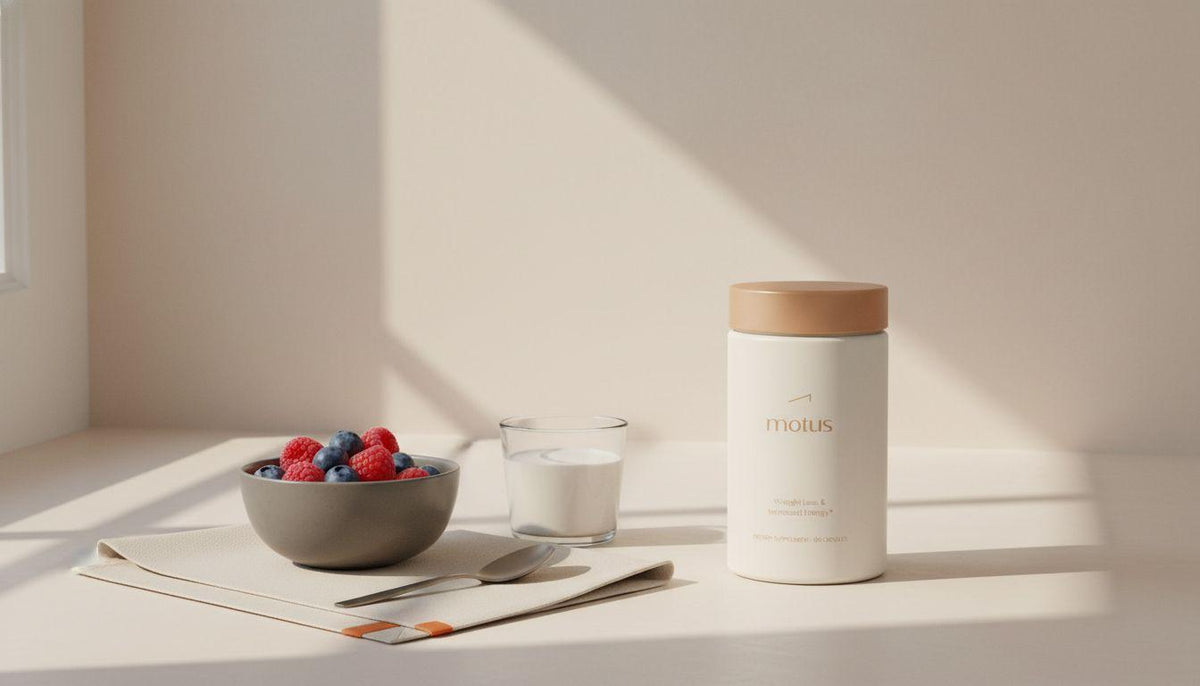 Minimalist kitchen scene with Tonum supplement jar beside a bowl of fresh berries and a glass of milk on a #F2E5D5 countertop, referencing conjugated linoleic acid inflammation.