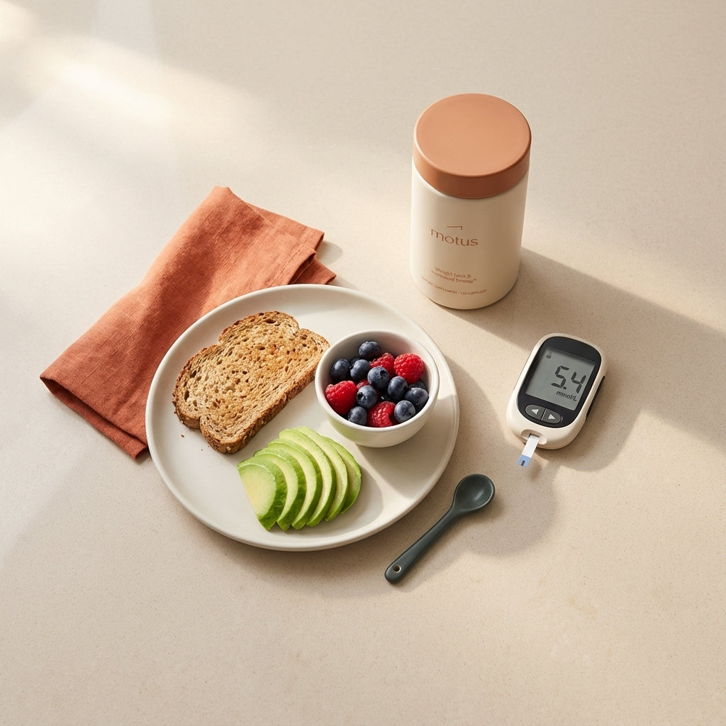 Top-down flat-lay of balanced breakfast with whole-grain toast, sliced avocado, berries, a glucose meter and Tonum Motus container on a neutral counter to help control your blood sugar naturally