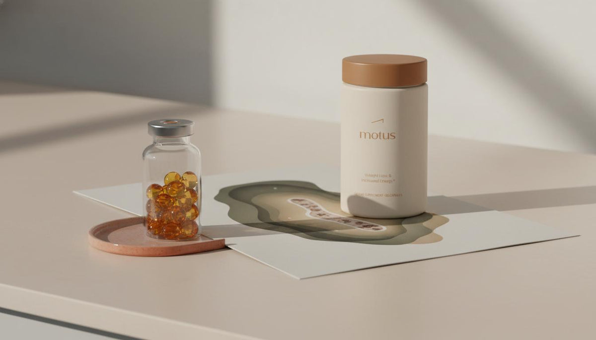 Minimalist scientific still life of a Tonum supplement container beside an artistic mitochondria illustration on a lab tabletop, highlighting CoQ10 benefit mitochondria in a calm clinical setting.
