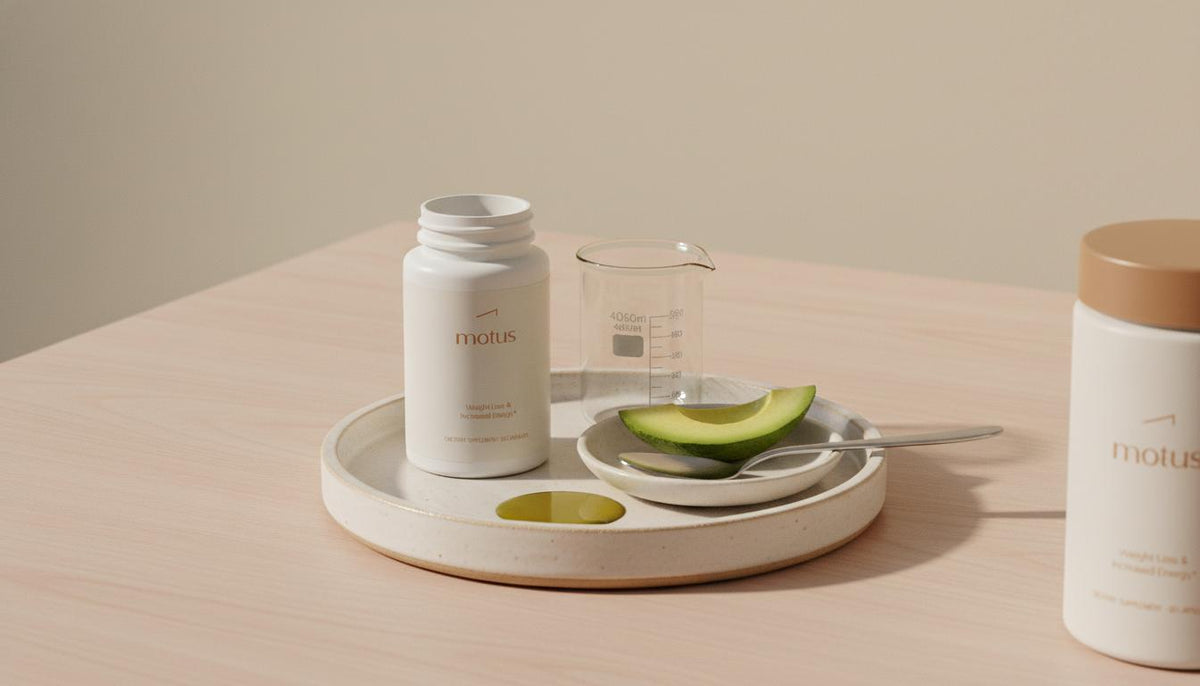 Minimalist still life of a supplement vial with avocado slice and olive oil on a wooden tray illustrating CoQ10 insulin resistance and fat-soluble absorption