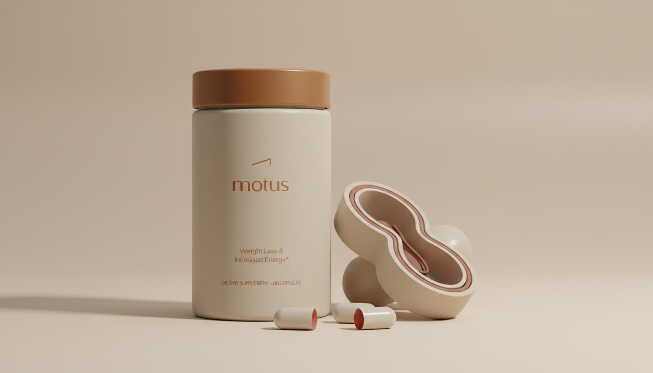 Minimalist still-life of Tonum supplement jar beside a stylized 3D mitochondrion and scattered capsules on beige background, highlighting CoQ10 neuroprotection in a calm scientific aesthetic.