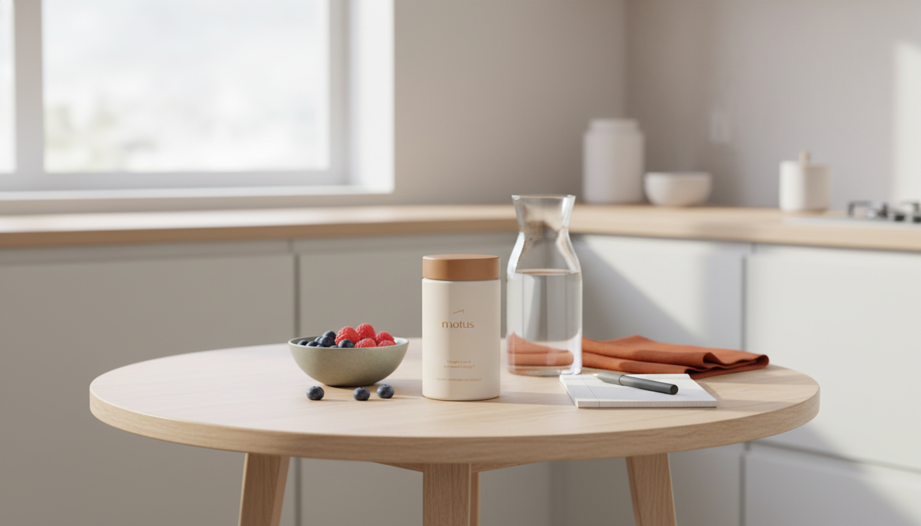 Minimal morning kitchen scene with Tonum Motus supplement jar, carafe, bowl of berries and notepad on a wooden table, evoking a calm cortisol belly routine.