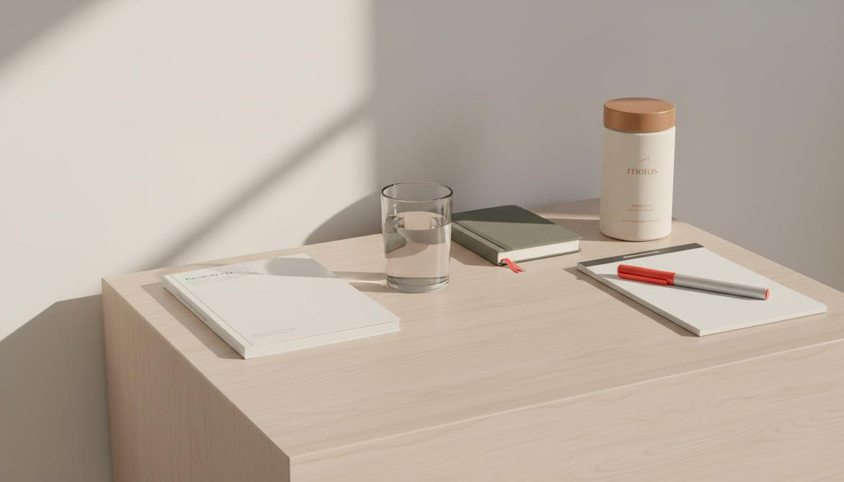 Minimalist bedside table with Tonum research booklet, reference supplement container, glass of water and notepad on pale beige background #F2E5D5, calm scientific lifestyle for cortisol headaches