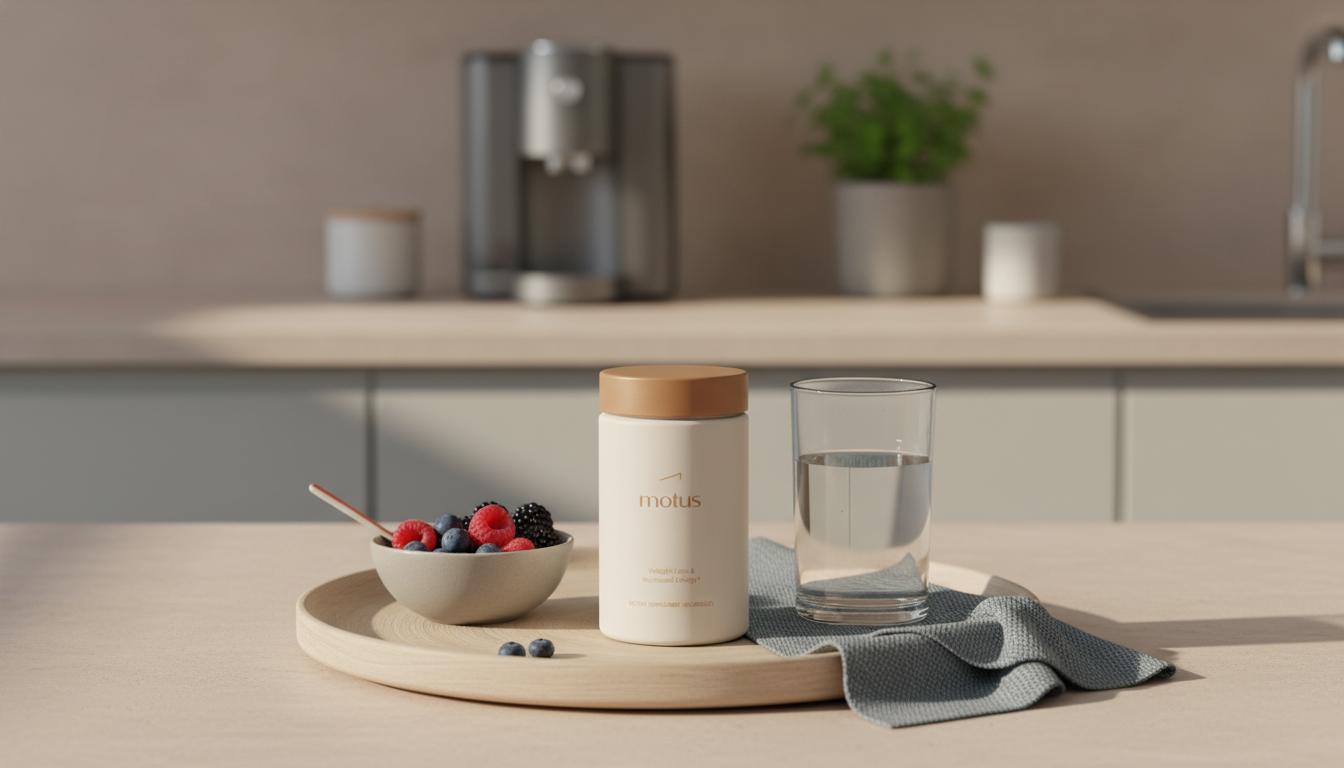 Minimalist kitchen scene with the Tonum Motus supplement on a wooden tray beside a glass of water and bowl of berries, soft morning light — cortisol supplement help me lose weight