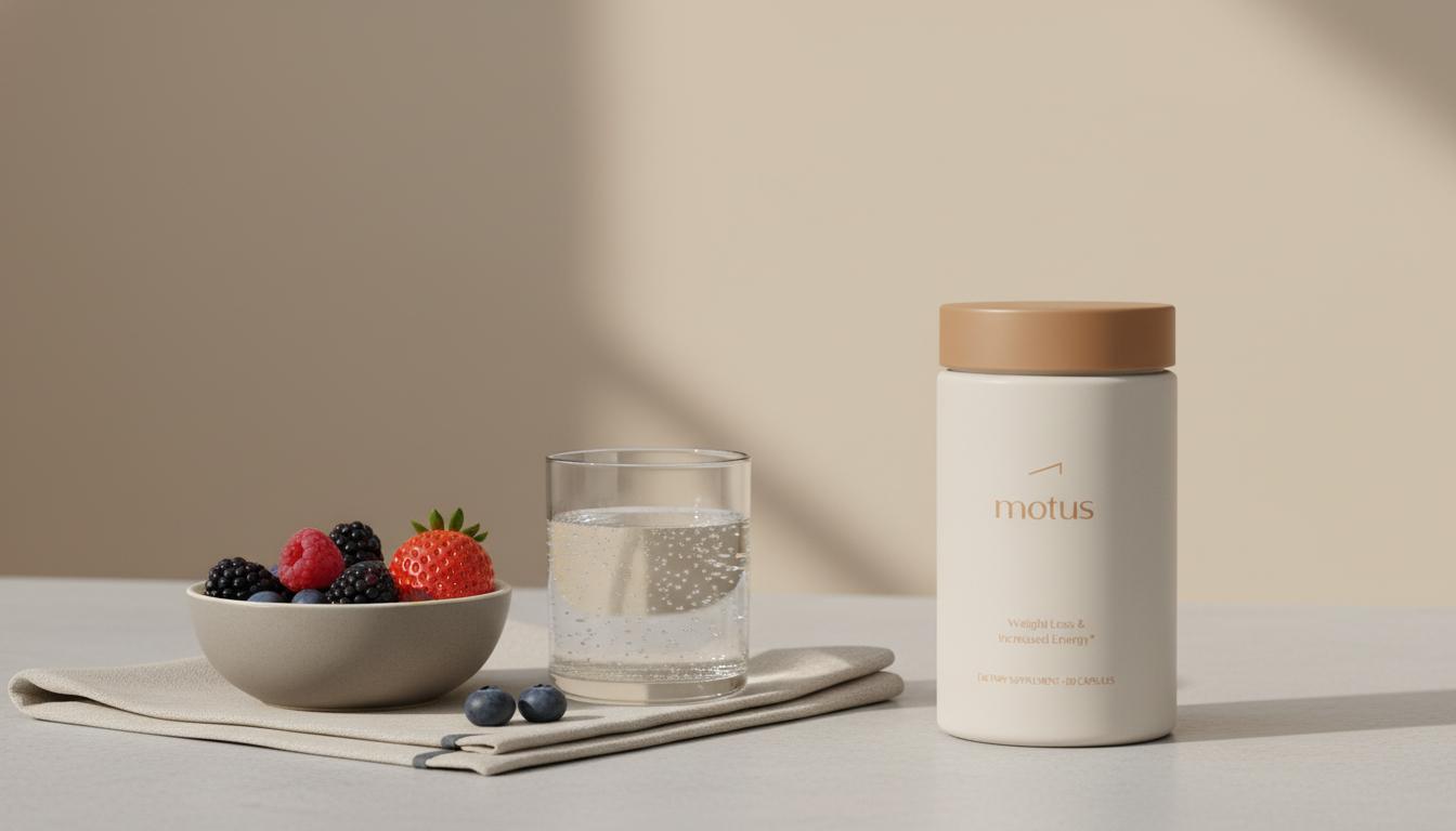 Minimalist still-life of Tonum Motus supplement jar on a light-gray countertop with berries and water glass — craving suppressant product shot in Tonum brand tones.