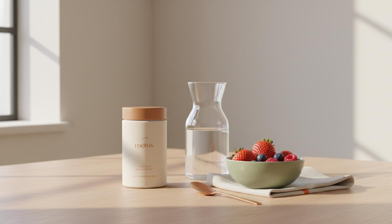 Minimal lifestyle photo of Tonum Motus supplement jar on a wooden table with a carafe and bowl of berries, illustrating creatine and fat loss