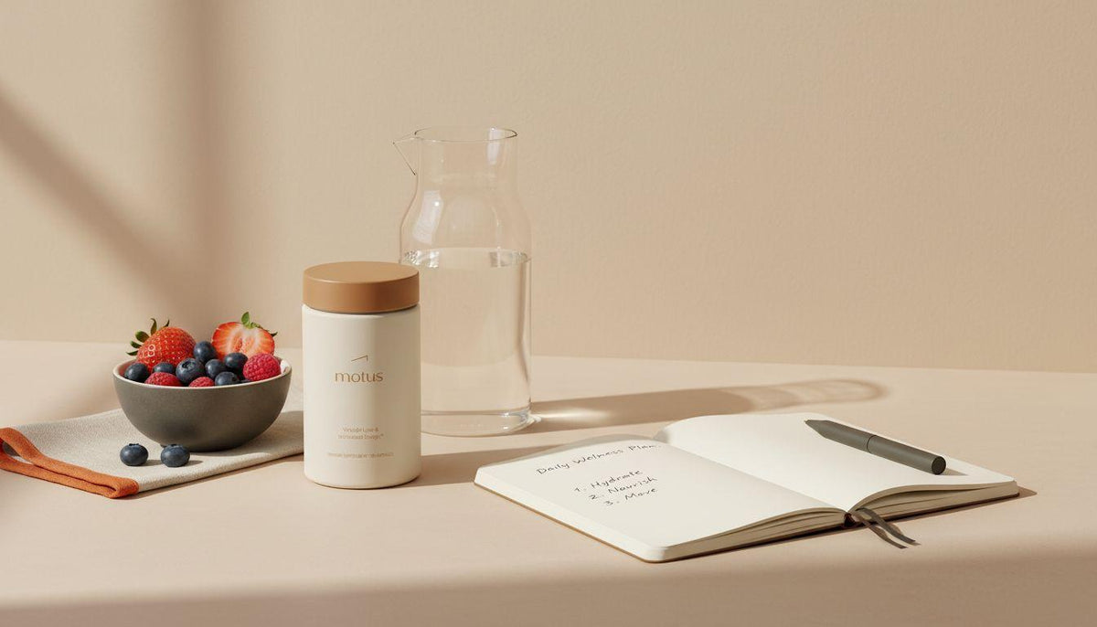 Minimalist kitchen counter with Tonum Motus supplement jar beside water carafe, bowl of berries and notebook, illustrating creatine and weight loss lifestyle.
