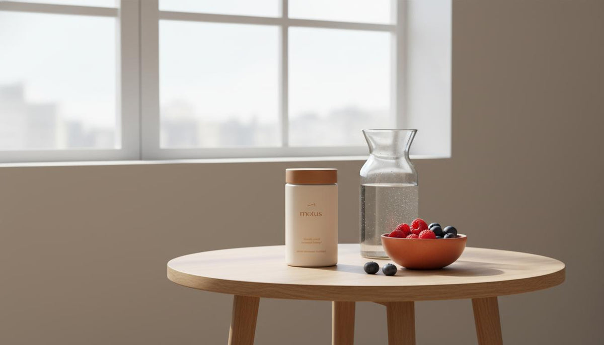 Minimalist morning scene with Tonum Motus supplement jar on a wooden table with berries and water, a clean lifestyle photo illustrating creatine for weight loss.