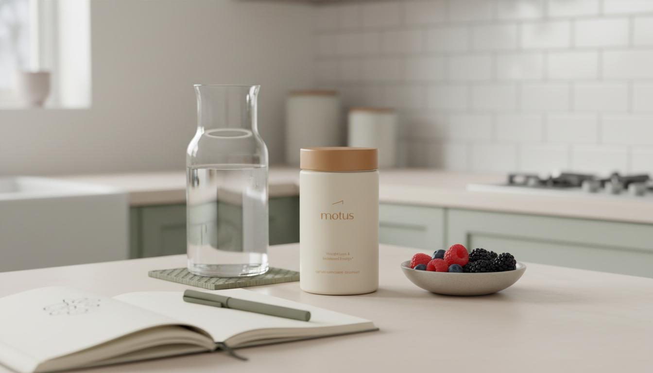 Minimal morning kitchen scene with Tonum Motus supplement jar beside a glass carafe, bowl of berries and open notebook — creatine for women over 40